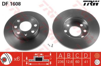 TRW DF1608 Диск тормозной передний OPEL ASTRA 91-02 CORSA 82-00 KADETT 79-92 VECTRA 88-95 236x12,6mm (90111242)