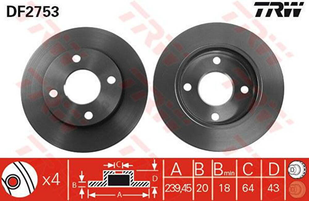 TRW DF2753 Диски тормозные пер. FORD ESCORT 1.4/1.6 07.97-08.00 (561513J)