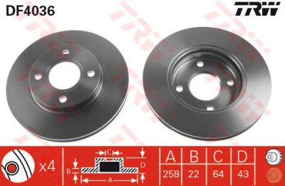 TRW DF4036 Диск тормозной передний FORD FOCUS 1.4I 16V,1.6I 16V,1.8I 16V,2.0I 16V,1.8DI 98- 258x22mm (1388256)