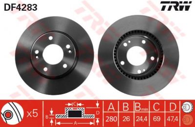 TRW DF4283 Диск тормозной передний HYUNDAI Tucson, Sonata, KIA Magnetis, Sportage 04- 280x26mm (517122C000)