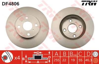 TRW DF4806 Диск тормозной TOYOTA YARIS 06- без АБС (пр-во Япония) передний вент.D=255мм. (435120D090)