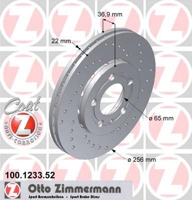 ZIMMERMANN Торм.диск пер.вент.[256x22] 5 отв.[min 2] (100.1233.52)