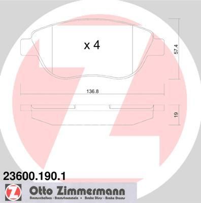 ZIMMERMANN КОЛОДКИ ТОРМ PGT 307 1,6-16V/2,0-16V/2,0HDI 8/00-> (23600.190.1)