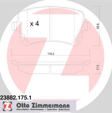 ZIMMERMANN КОЛОДКИ ЗАД.AUDI A6 2004=> WVA23326 С ДАТЧИКОМ ИЗНОСА (23882.175.1)