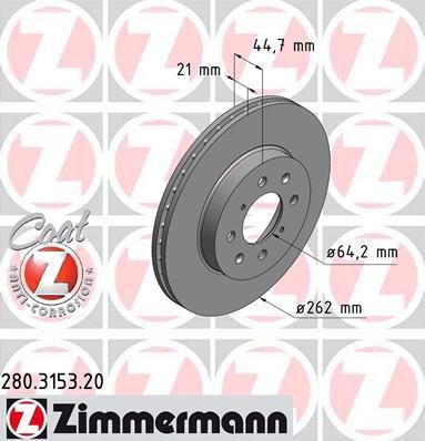 ZIMMERMANN ДИСК ТОРМ HON CIVIC V ROVER 25 F/262*21 91/05-]] (280315320)