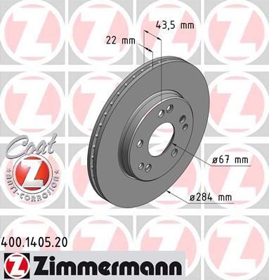 ZIMMERMANN ДИСК ТОРМ MER W124/W201 2.3/2.5 16V ПЕР 284X22 84/93-<< (400140520)