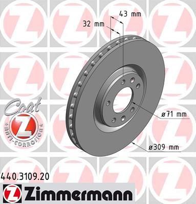 ZIMMERMANN Диск тормозной PEUGEOT 607 3.0 V6 24V 00- ПЕР ВЕНТ 309X32 C (440.3109.20)