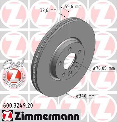 Zimmermann 600.3249.20 тормозной диск на VW MULTIVAN V (7HM, 7HN, 7HF, 7EF, 7EM, 7EN)