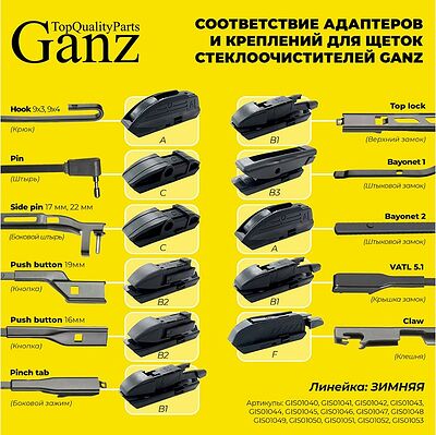 Ganz Winter GIS01040 зимняя каркасная щётка 500 мм (20″), 6 адаптеров