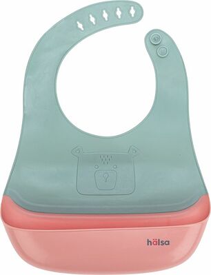 HALSA HLS-BI-101 Фартук нагрудный для кормления с жестким карманом, зеленый с розовым HALSA