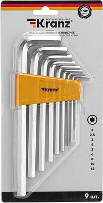 Kranz KR-12-5213 Набор ключей имбусовых HEX KRANZ 2,0-12 мм, CrV, 9 шт., удлиненные