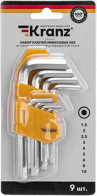 Kranz KR-12-5215 Набор ключей имбусовых HEX KRANZ 1,5-10 мм, CrV, 9 шт.