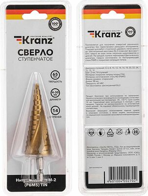 Kranz KR-12-6612 Сверло по металлу ступенчатое ТИТАН 4,0-30,0мм, 98мм, 65 HRC, Р6М5 TiN KRANZ