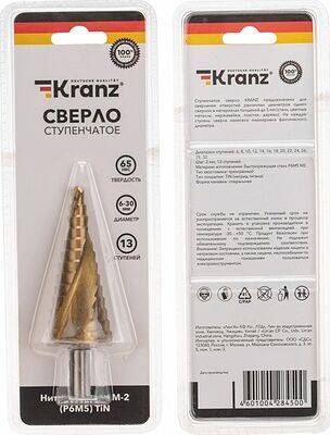 Kranz KR-12-6616 Сверло ступенчатое, 6-8-10-12-14-16-18-20-22-24-26-28-30мм, Р6М5, ТИТАН, трехгр.хвостовик KRANZ
