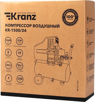Kranz KR-16-1151 Компрессор воздушный KR-1500/24, 1500Вт, 230 л/мин, 24л KRANZ