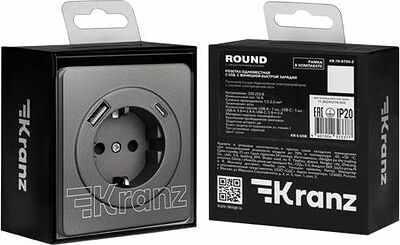 Kranz KR-78-0704-2 Розетка ROUND 1-ая с/з с/у з/ш 16А с USB A+C быстрой зарядки 5В/3А титан KRANZ