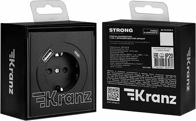 Kranz KR-78-0704-5 Розетка STRONG 1-ая с/з с/у з/ш 16А с USB A+C быстрой зарядки 5В/3А антрацит KRANZ
