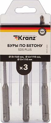 Kranz KR-91-0404 Набор буров по бетону 5х110х50, 6х110х50, 8х160х100мм, 3 шт, в пластиковой коробке SDS PLUS KRANZ