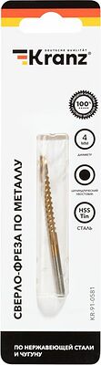 Kranz KR-91-0581 Сверло-фреза по металлу 4мм, HSS, ТИТАН, цилиндрический хвостовик (1 шт/уп) KRANZ