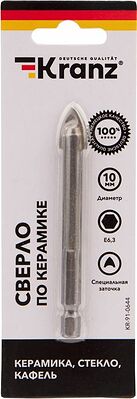 Kranz KR-91-0644 Сверло по стеклу и керамике10 мм, 2 грани, шестигранный хвостовик Kranz