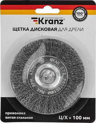 Kranz KR-91-1246 Щетка дисковая для дрели, витая стальная проволока, 100мм KRANZ