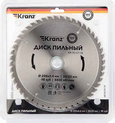 Kranz KR-92-0118 Диск пильный 200 мм х 48 зуб х 30/20 мм KRANZ
