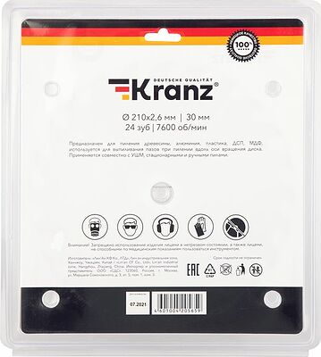 Kranz KR-92-0120 Диск пильный 210 мм х 24 зуб х 30 мм KRANZ