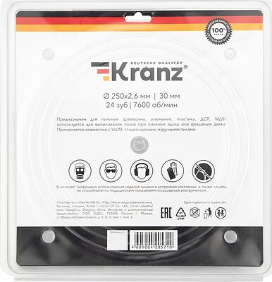 Kranz KR-92-0126 Диск пильный 250 мм х 24 зуб х 30 мм KRANZ