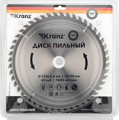 Kranz KR-92-0128 Диск пильный 250 мм х 48 зуб х 32/30 мм KRANZ