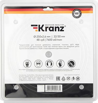Kranz KR-92-0128 Диск пильный 250 мм х 48 зуб х 32/30 мм KRANZ