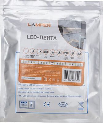 LAMPER 141-2023 Лента светодиодная 12В, SMD5050, 14,4Вт/м, 60 LED/м, 4000К, 10мм, 3м, для БП с клеммами, IP20 LAMPER