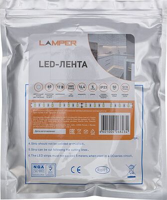 LAMPER 141-2026 Лента светодиодная 12В, SMD5050, 14,4Вт/м, 60 LED/м, 4000К, 10мм, 5м, для БП с клеммами, IP20 LAMPER