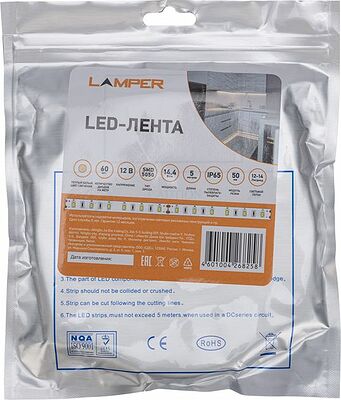 LAMPER 141-2028 Лента светодиодная 12В, SMD5050, 14,4Вт/м, 60 LED/м, 2700К, 10мм, 5м, для БП с клеммами, IP65 LAMPER