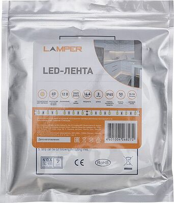 LAMPER 141-2030 Лента светодиодная 12В, SMD5050, 14,4Вт/м, 60 LED/м, 2700К, 10мм, 3м, для БП с клеммами, IP65 LAMPER