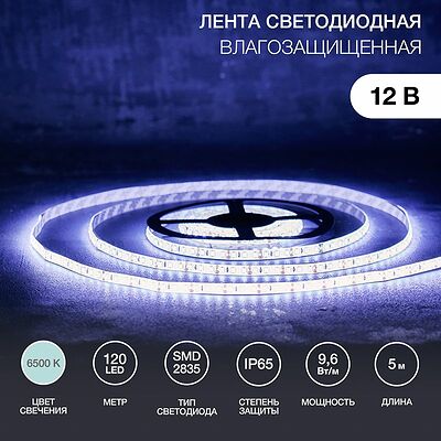 LAMPER 141-365 Лента светодиодная 12В, SMD2835, 9,6 Вт/м, 120 LED/м, 6500К, 8мм, 5м, IP65 LAMPER