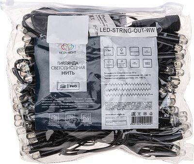 NEON-NIGHT 305-176 Гирлянда светодиодная Нить 10м 100 LED ТЕПЛЫЙ БЕЛЫЙ черный ПВХ IP65 постоянное свечение 230В соединяется нужен блок 303-500 NEON-NIGHT