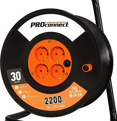PROconnect 11-7605 Удлинитель силовой на катушке 4 гнезда с/з 30м 3х1мм² PROconnect