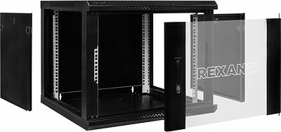 REXANT 04-0966-112 Настенный шкаф 19 quot; 9U 600×600×501 (ШxГxВ), дверь стекло, металлическая задняя стенка, боковые съемные стенки, RAL 9005 REXANT