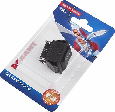 REXANT 06-0308-B Переключатель клавишный 250В 15А (6с) ON-OFF-ON черный с нейтралью (1 шт/уп) REXANT