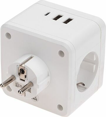 REXANT 11-1251 Двойник электрический Куб 16А с/з + 2хUSB-A 2,4А + USB Type-C 3А с ночной подсветкой, белый REXANT