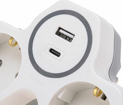 REXANT 11-1253 Двойник электрический (разветвитель) 16А с/з + USB-A + USB-C с защитными шторками, белый REXANT