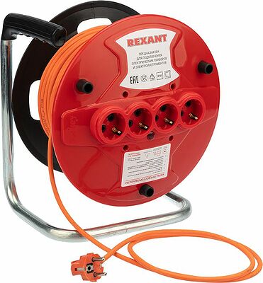 REXANT 11-7085 Удлинитель-шнур на катушке REXANT ПВС 3х1.0, 50 м, 4 гнезда, с/з, 10 А, 2200 Вт, IP20, оранжевый (Сделано в России)