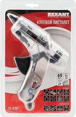 REXANT 12-0107 Пистолет клеевой, 60Вт, Ø11мм, ПРОЗРАЧНЫЙ корпус, с кнопкой, блистер REXANT