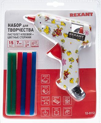 REXANT 12-0112 Пистолет клеевой, 15Вт, Ø7мм + набор цветных стержней 12 шт, блистер REXANT