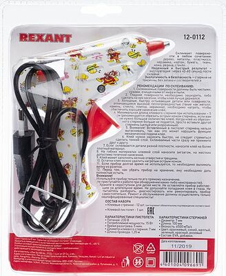REXANT 12-0112 Пистолет клеевой, 15Вт, Ø7мм + набор цветных стержней 12 шт, блистер REXANT