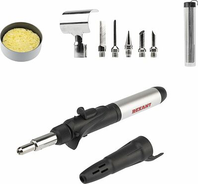 REXANT 12-0505 Паяльник-горелка с пьезоподжигом, газовый, 17мл, 6 насадок + припой + губка, коробка REXANT