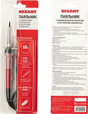 REXANT 12-0613 Паяльник с керам. нагревателем, серия Japan type, 60Вт, 230В, регул. темп. 250-500°C, запасное жало, блистер REXANT