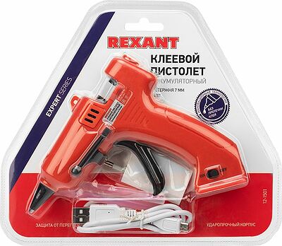 REXANT 12-1501 Пистолет клеевой, 10Вт, Ø7мм, ЭКСПЕРТ, аккумуляторный, блистер REXANT