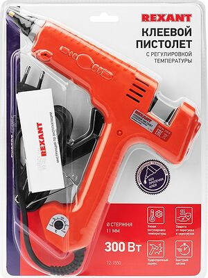 REXANT 12-1550 Пистолет клеевой, 300Вт, Ø11мм, ЭКСПЕРТ, настройка температуры 100…220℃, блистер REXANT