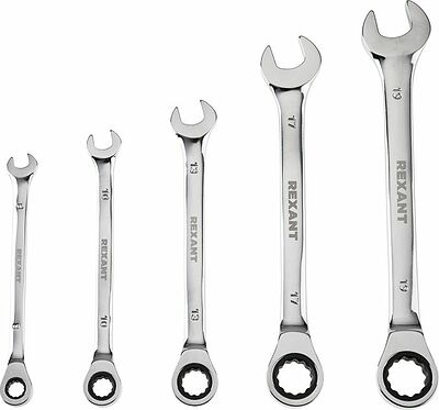 REXANT 12-4841-1 Набор ключей комбинированных трещоточных (8, 10, 13, 17, 19мм), 5 шт, CrV, зеркальное хромирование REXANT 
